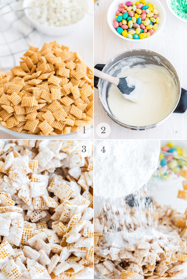 Muddy Buddies recipe process steps collage 1