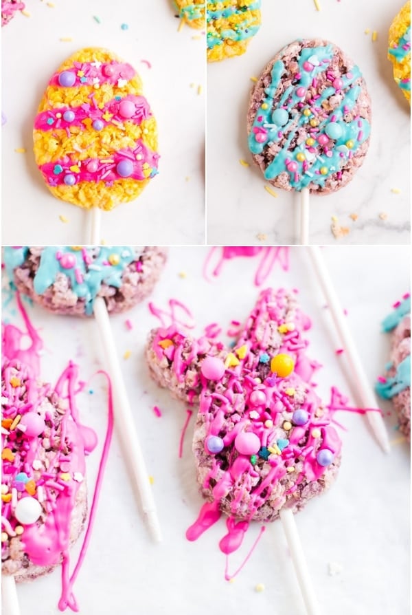 Easter Rice Krispie Treat eggs and bunnies on lollipop sticks