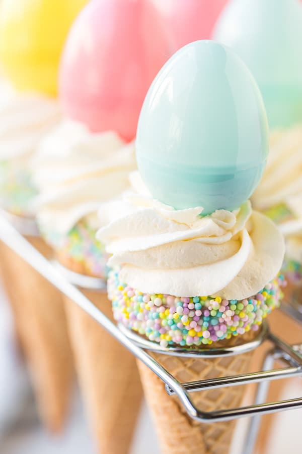 Ice Cream Cone Cupcakes with Easter Egg close up 