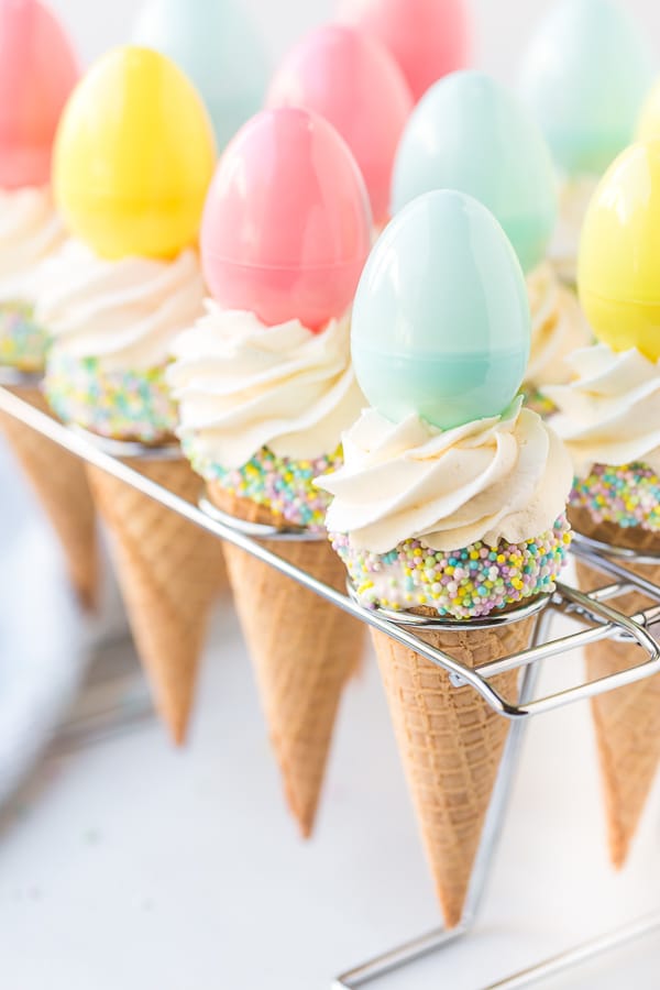 Ice Cream Cone Cupcakes with Easter Egg on top in rack 