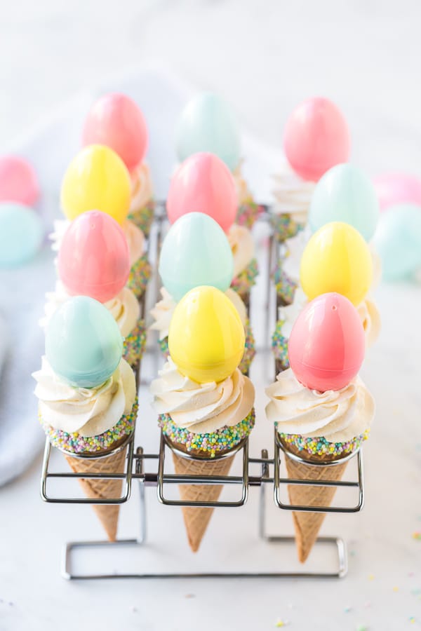 Ice Cream Cone Cupcakes with Easter Egg on top overhead