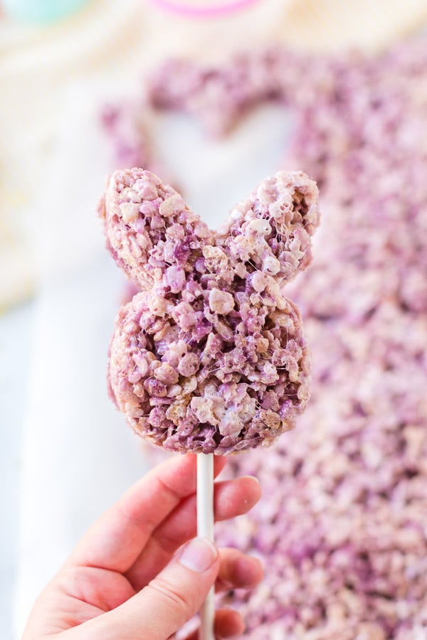 Bunny shaped purple Easter Rice Krispie Treat on a stick