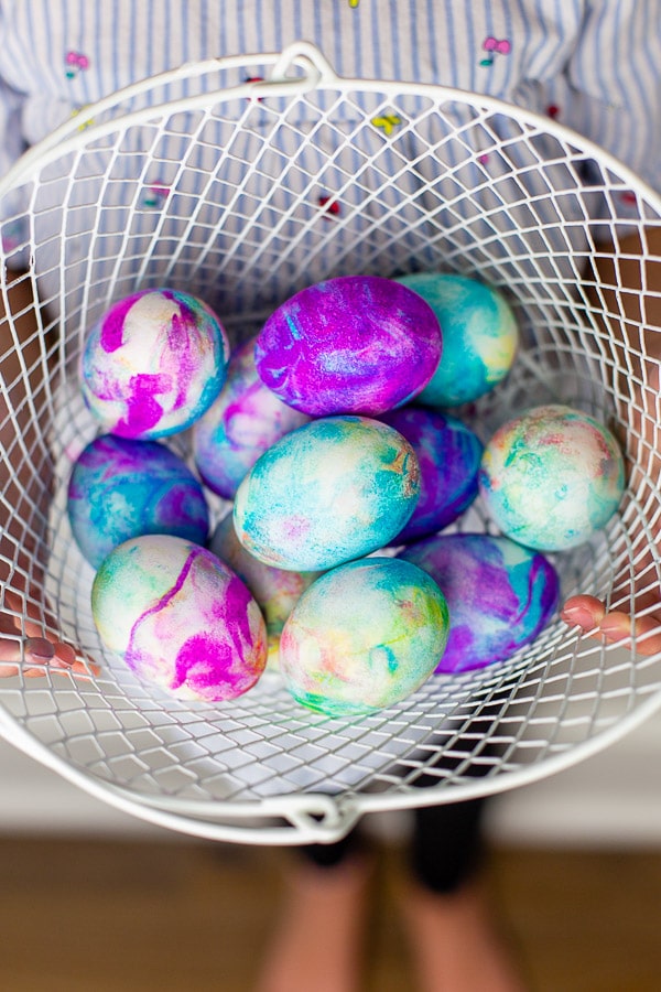 dying easter eggs with shaving cream in basket