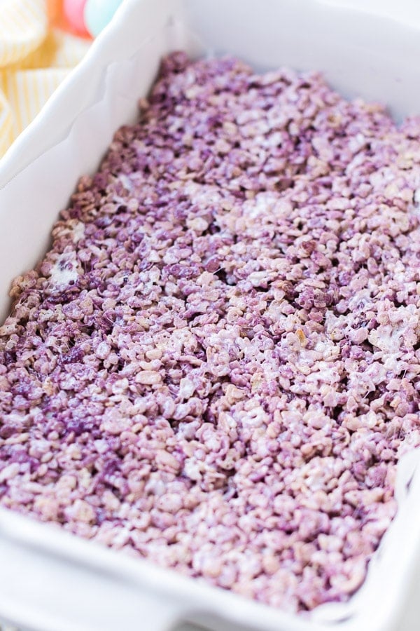 Purple Marshmallow Peeps Rice Krispie treats in pan