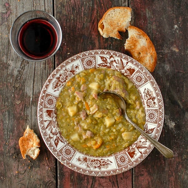 split pea soup with red wine and ham