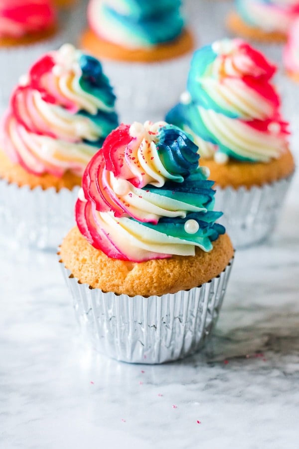 Cupcake with red white and blue swirl frosting