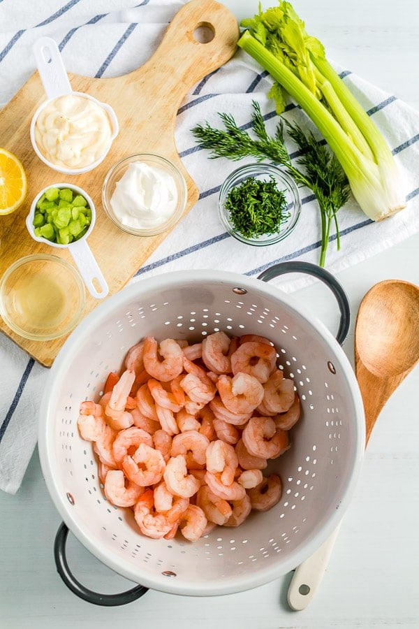 shrimp in colander with shrimp salad recipe ingredients