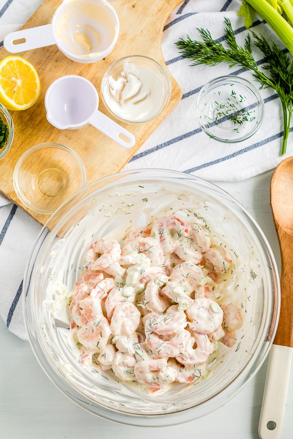 shrimp salad in a mixing bow