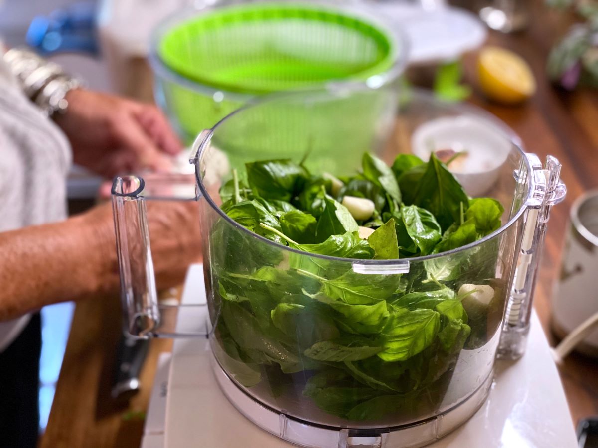 pesto ingredients in a food processor