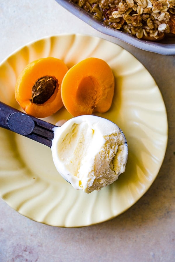 scoop of vanilla ice cream in the scoop with halved apricot