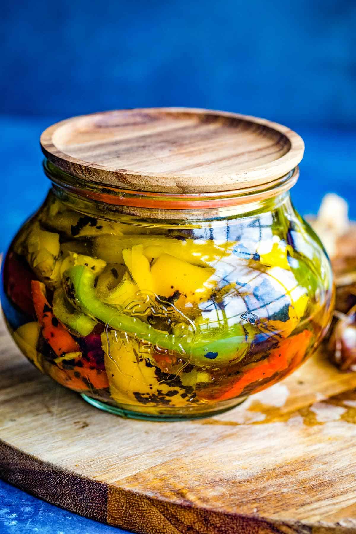 bottle of colorful roasted peppers.