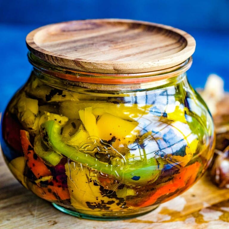 Roasted Peppers in Oil with Garlic + How to Roast Peppers