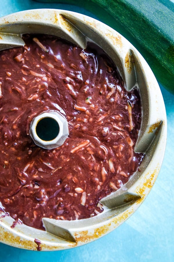 chocolate zucchini cake batter in bundt pan 