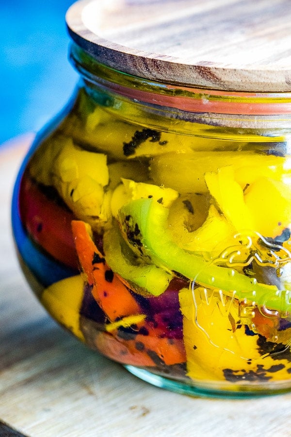 roasted peppers in jar close up