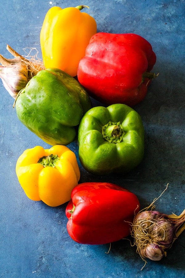 colorful bell peppers and garlic heads