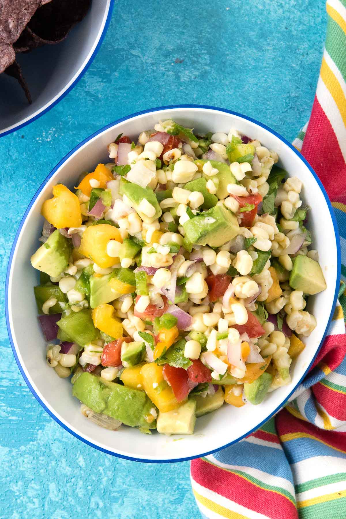 overhead view of corn salsa in a bowl