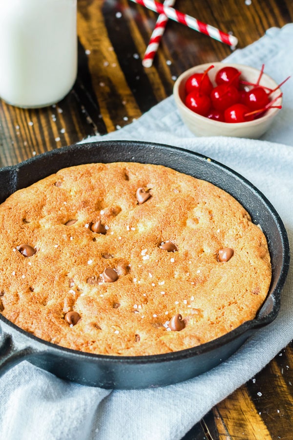 baked chocolate chip Pizookie or skillet cookie