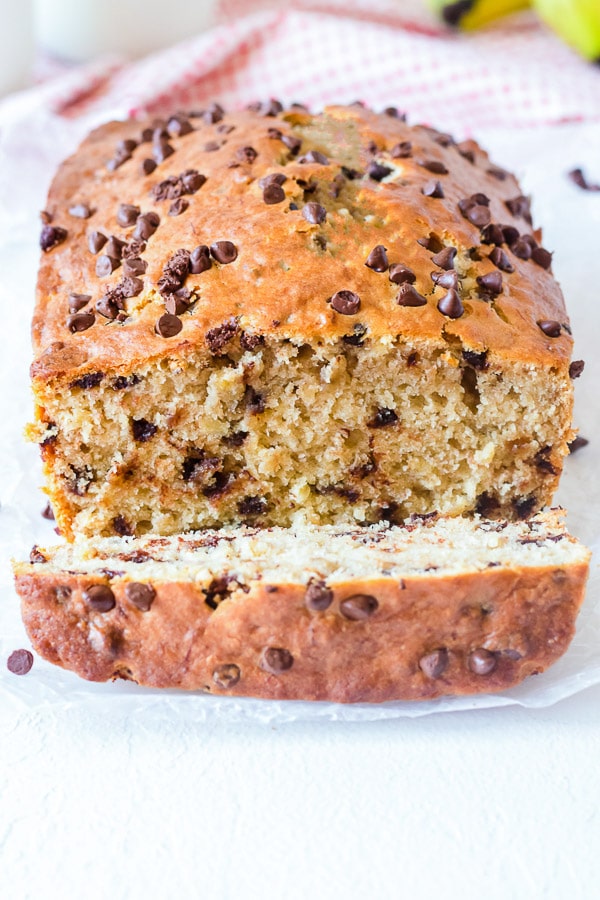 chocolate chip banana bread sliced from the front