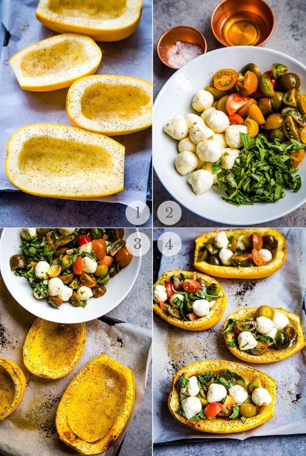 Baked Spaghetti Squash Caprese recipe process steps collage