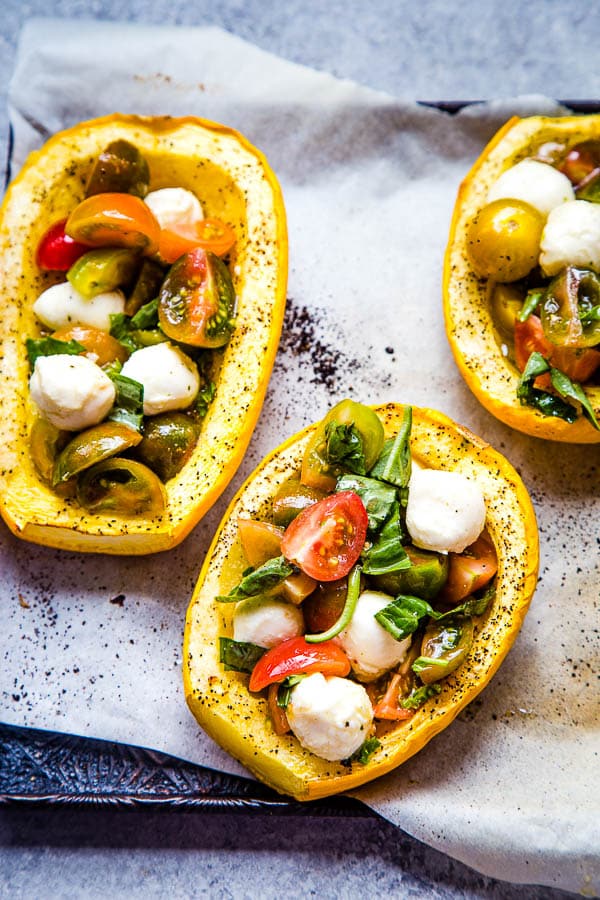 caprese stuffed spaghetti squash bake recipe (before baking)