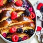challah french toast in baking pan.