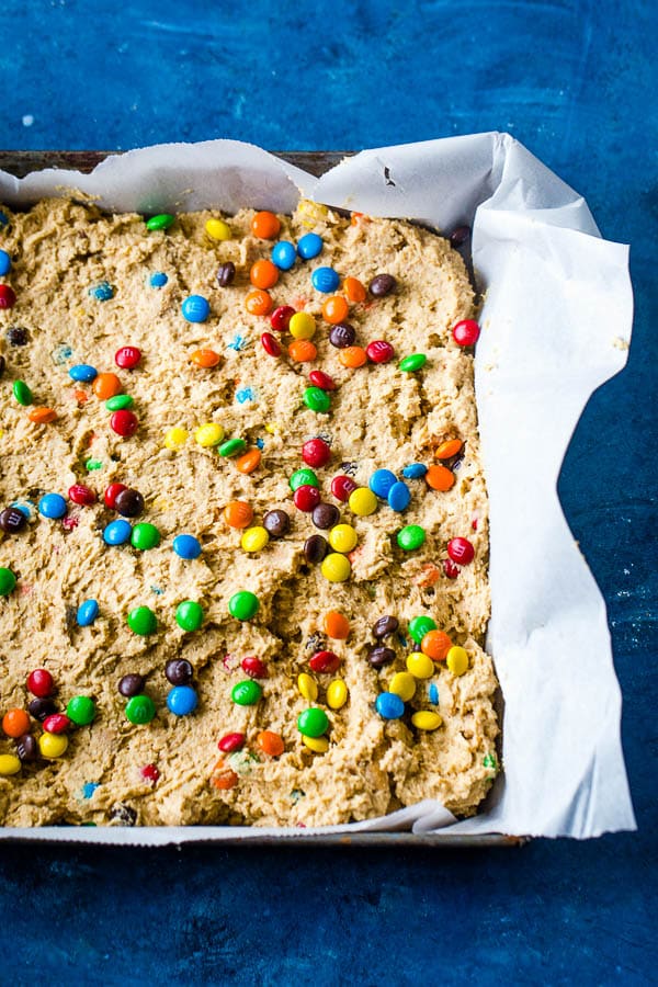 Monster Cookie Bars in pan pre baking