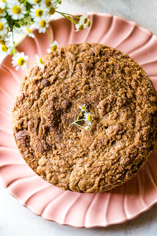 banana coffee cake on a vintage plate