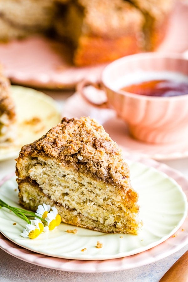 banana coffee cake slice on a plate