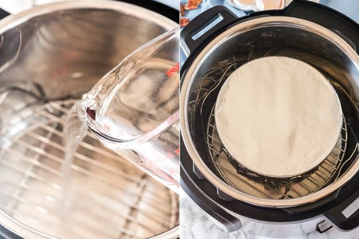 Adding the cheesecake to the Instant Pot recipe steps photos