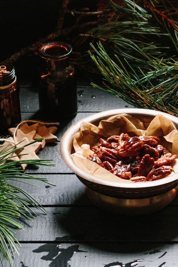 Candied Pecans in bowl from side view