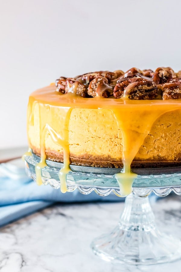 Caramel Pecan Pumpkin Cheesecake from Instant Pot on cake stand 
