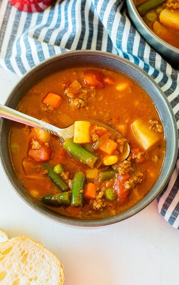 Vegetable Beef Soup in a bowl overhead