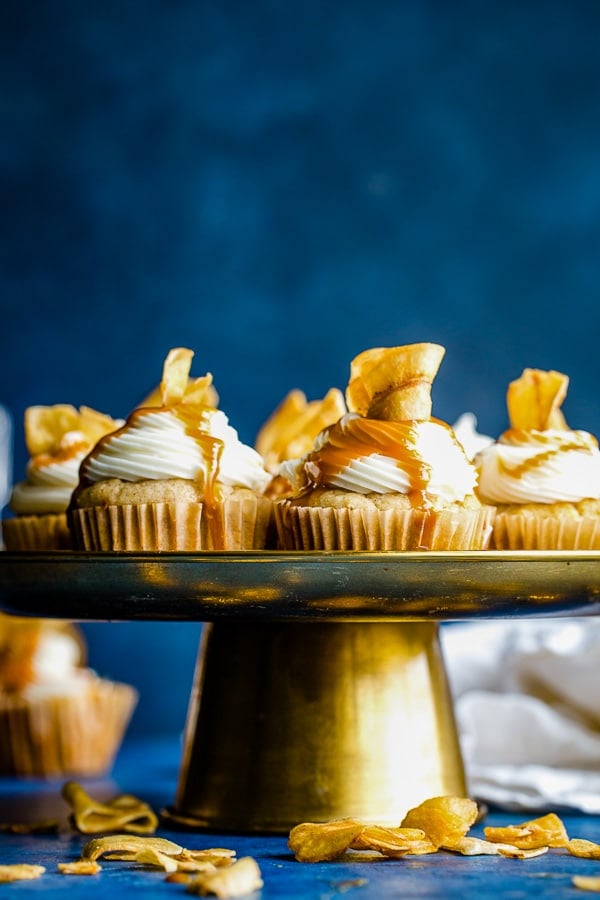 banana cupcakes with caramel drizzle cake tray