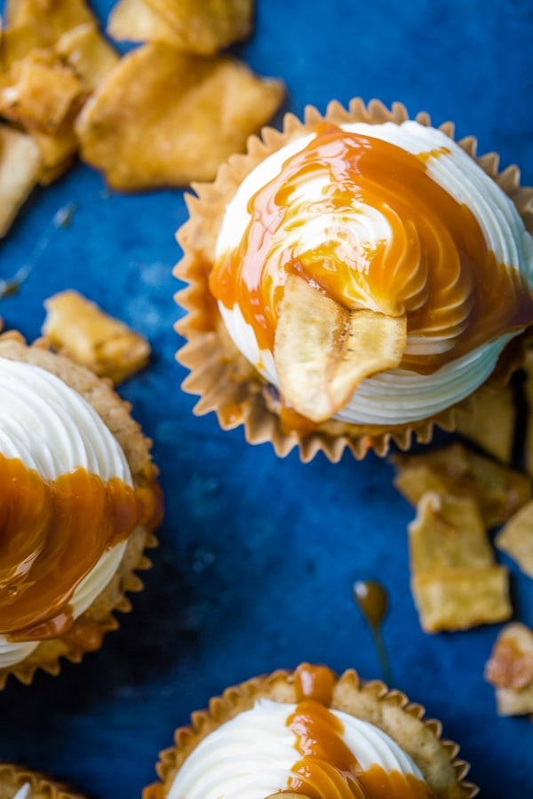 banana cupcakes with caramel drizzle close up 