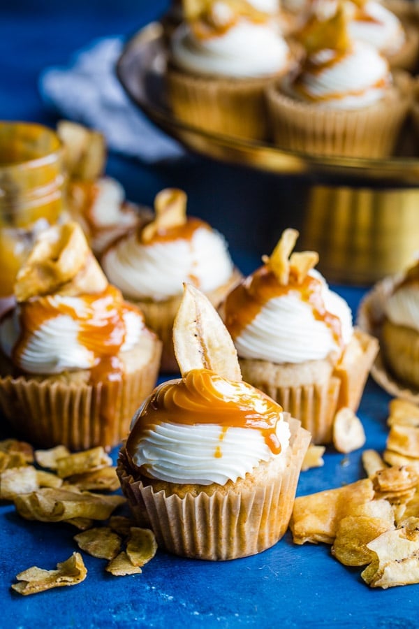 cupcakes drizzled with caramel and banana chips