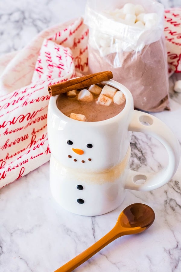 hot cocoa, marshmallows and cinnamon stick with holiday mug