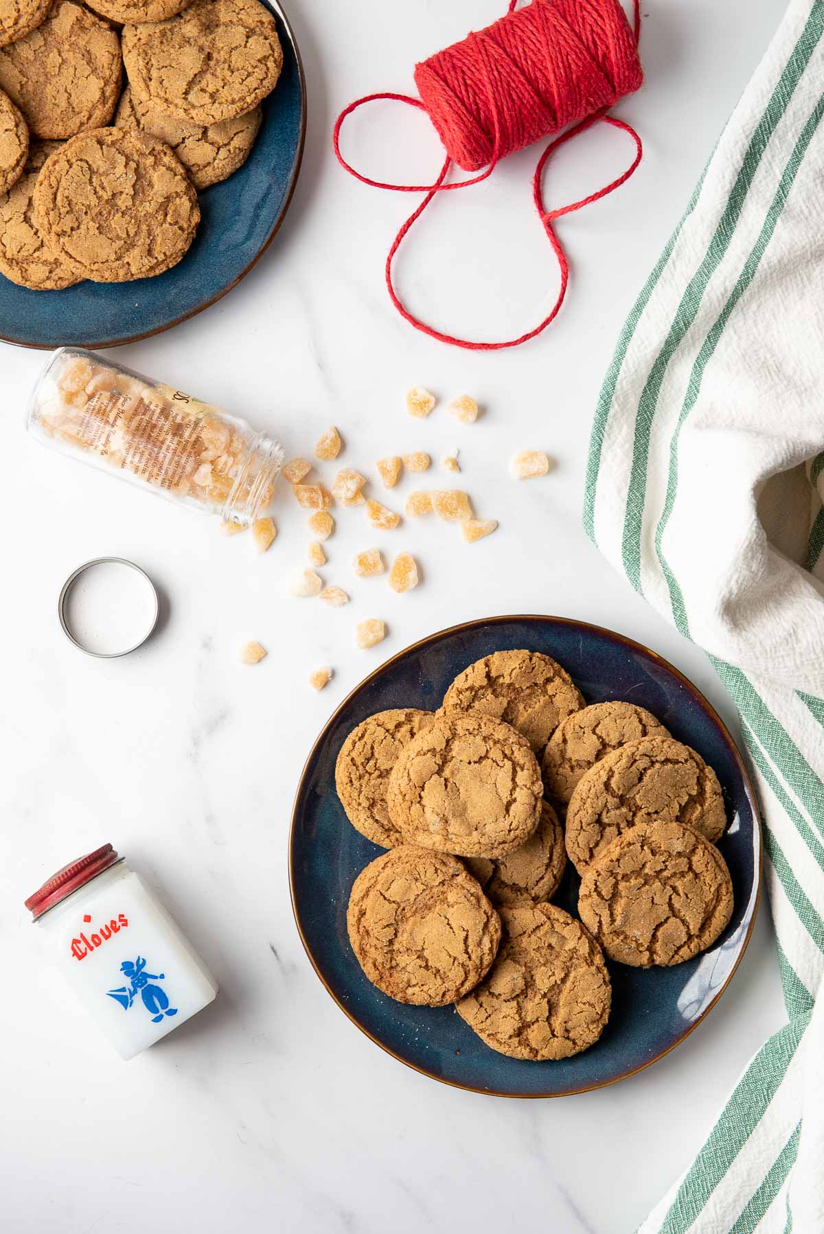 chewy ginger snaps on blue plates