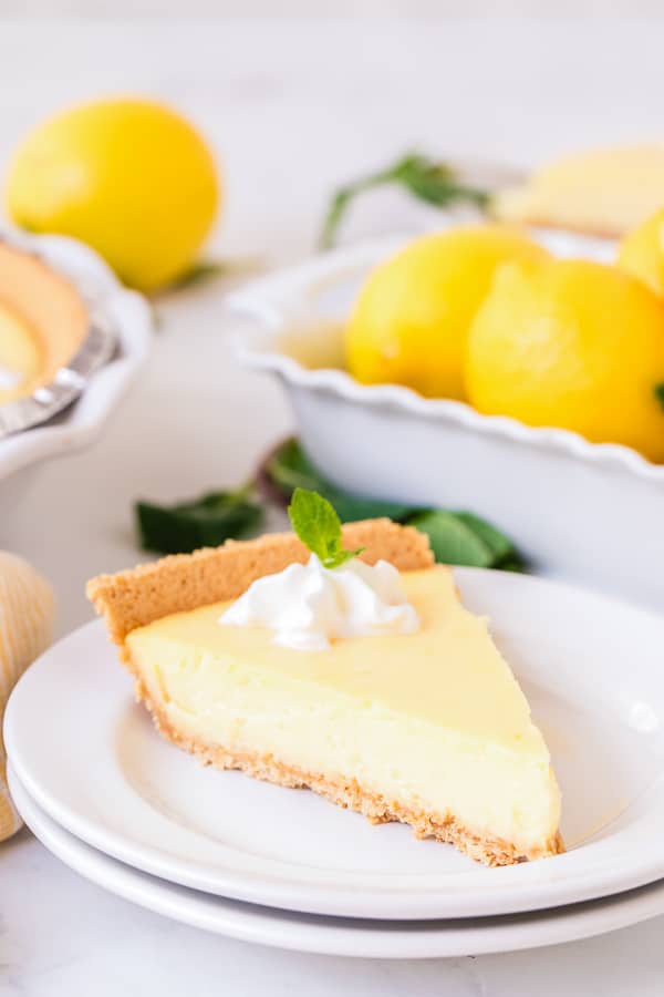 lemon pie slice on plate side view