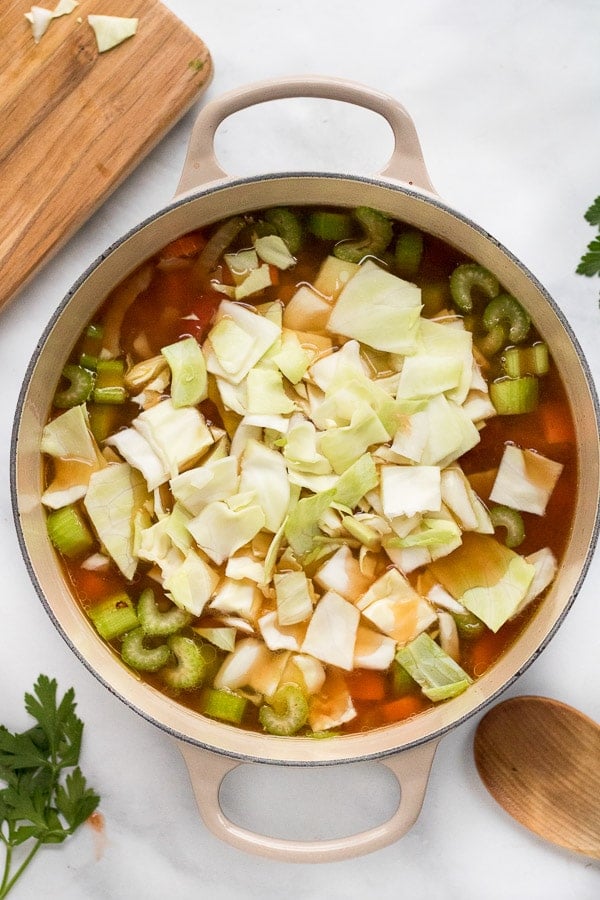 cabbage soup with vegetables in a Dutch oven