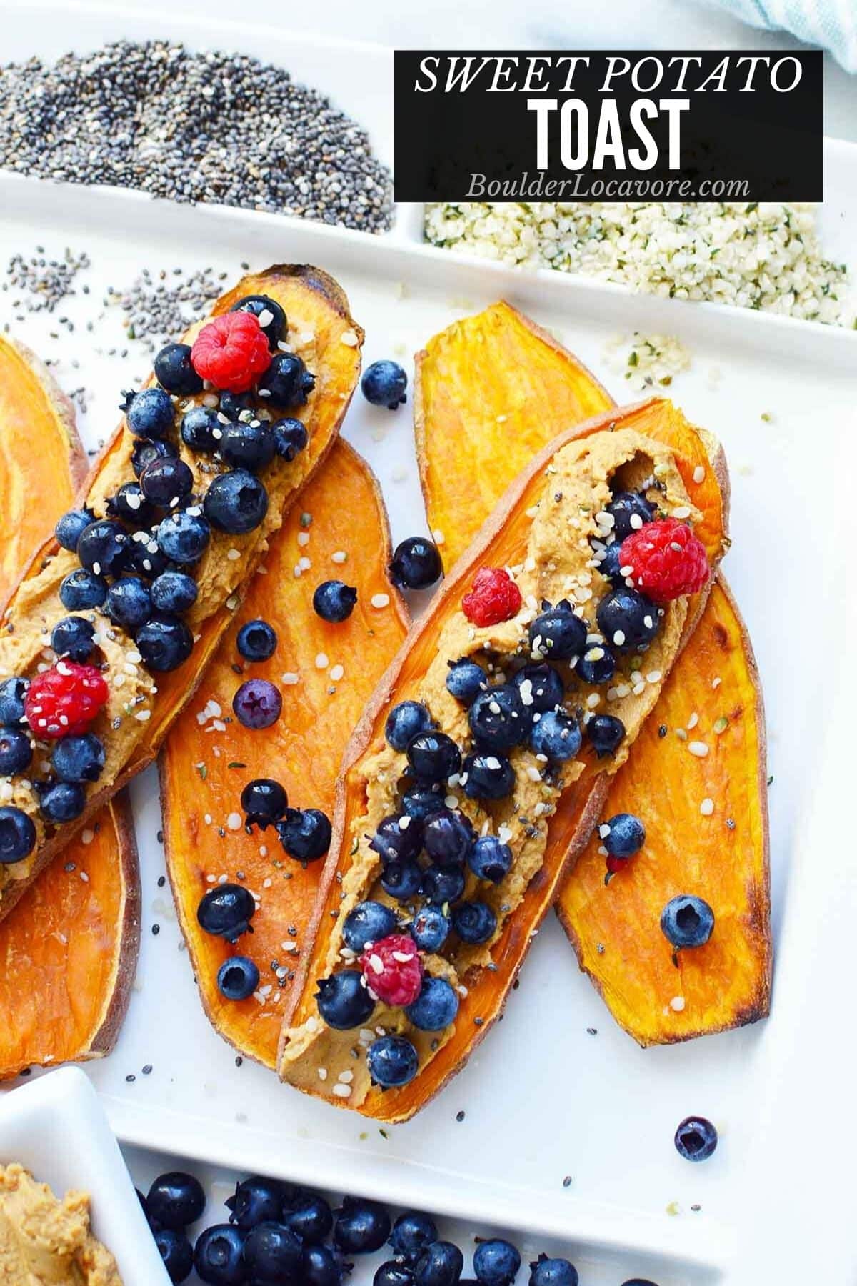 sweet potato toast from overhead with toppings.