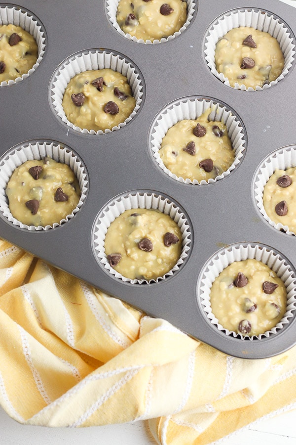 chocolate chip muffin batter in muffin pan before baking