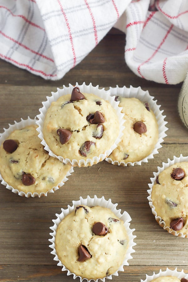 chocolate chip muffins stacked 