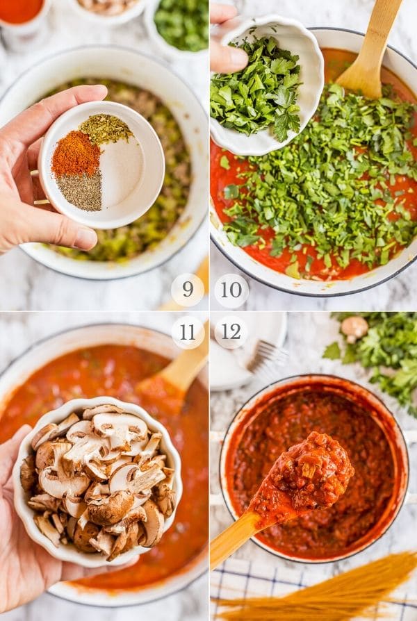 Homemade Spaghetti Sauce recipe steps photo collage 9-12