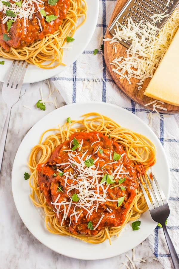 pasta sauce recipe on a plate of pasta