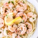 shrimp scampi on a bowl of pasta title