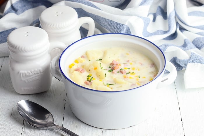 Bowl of potato corn chowder with ham