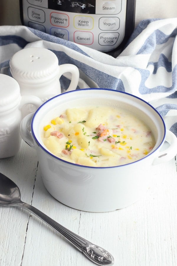 Bowl of potato corn chowder bowl with Instant Pot 
