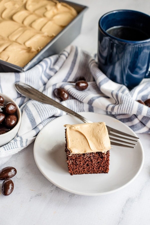 Espresso Wacky Cake slice on a plate