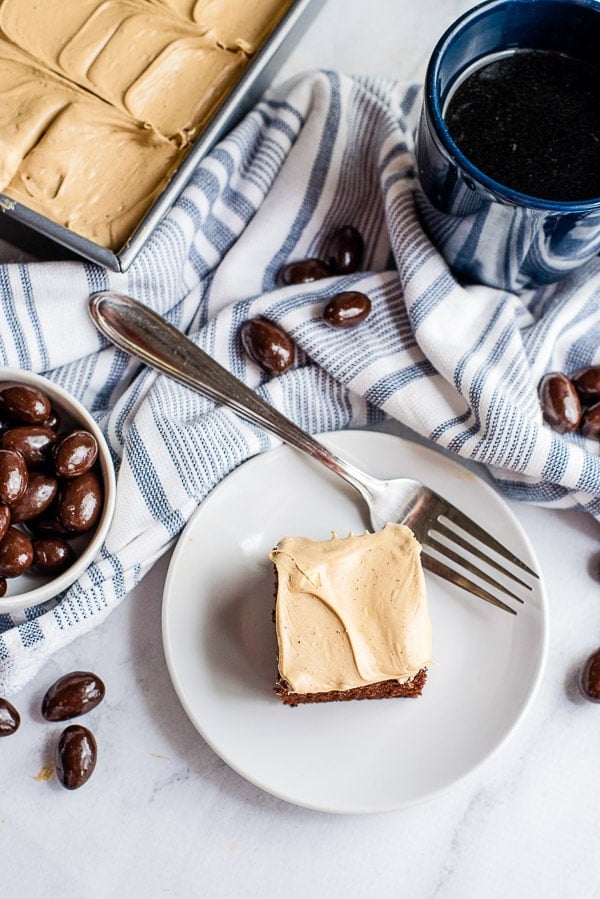 Espresso Wacky Cake slice on a plate above