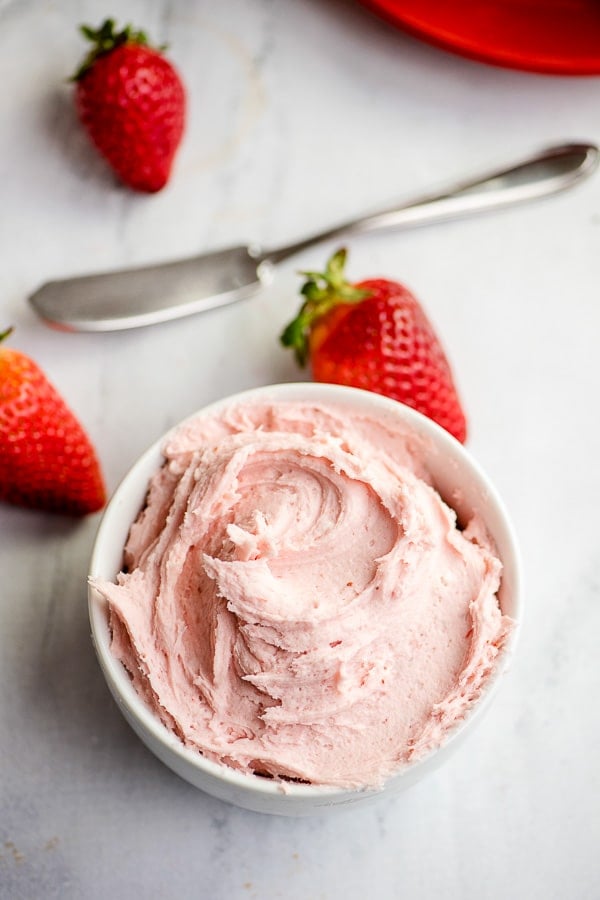Strawberry Frosting in a bowl overhead
